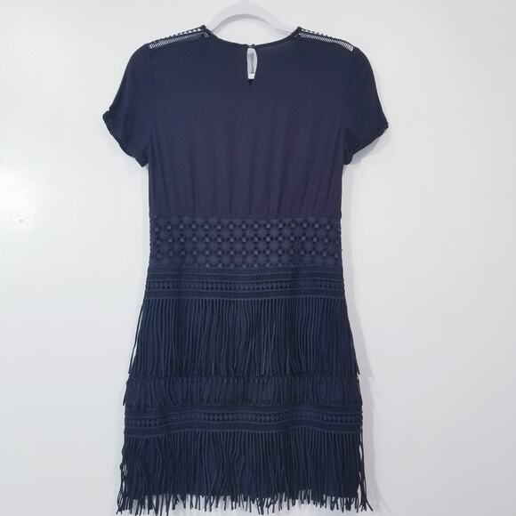 Maje Reia Nuit Sheer Lace Fringe Mini Dress Dark Blue - Picture 3 of 13